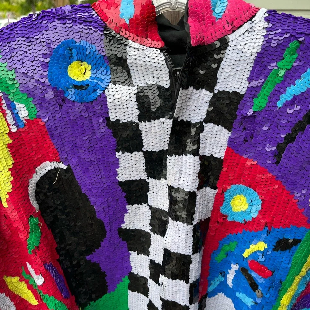 Sequin Bomber Jacket Sz S M Black Checkerboard Abstract Pop Art Vtg 80s Womans - Picture 2 of 5
